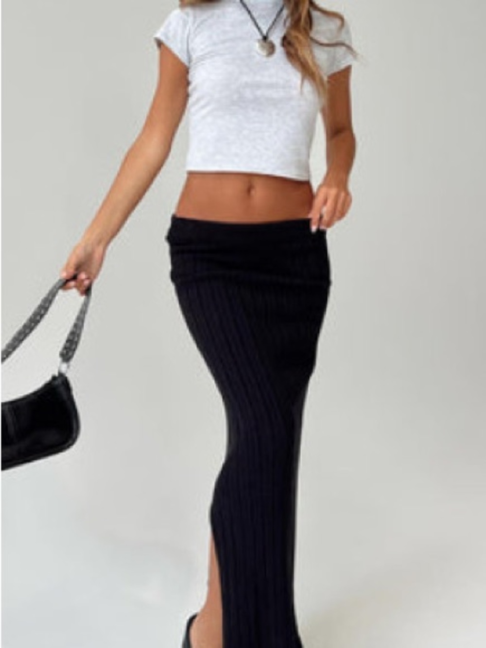 Princess Polly Black Ribbed Maxi Skirt with Double Side Slit